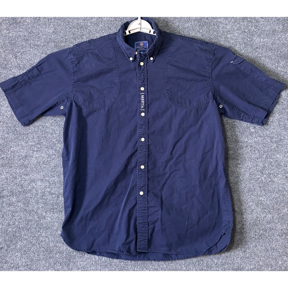Beretta Mens Large Short Sleeve Button Up Shirt‎ Navy Blue Cargo Pocket Utility